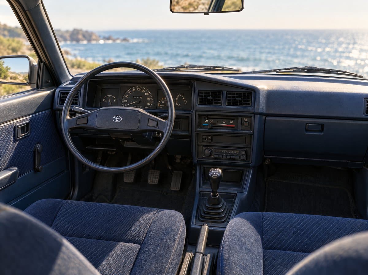 Inside a restored 1980s Corolla, looking out to the ocean