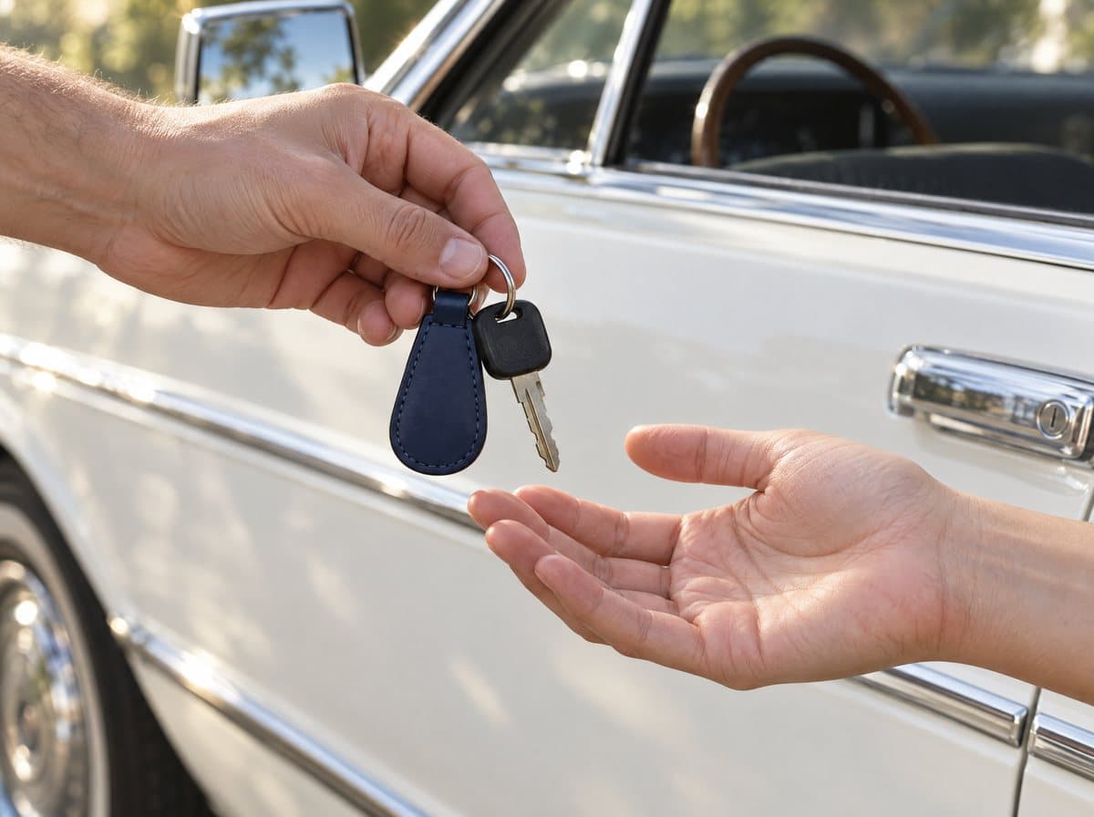A set of keys being handed over beside a white classic car